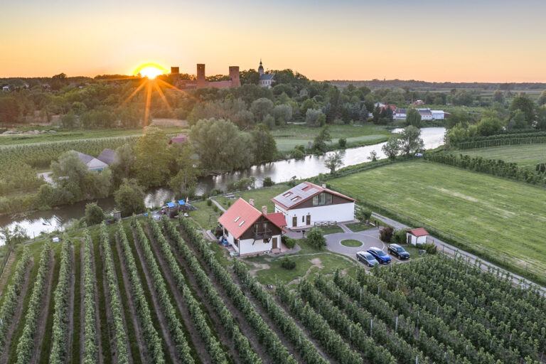 Gospodarstwo Dworek Czersk z lotu ptaka, w tle zamek i rzeka